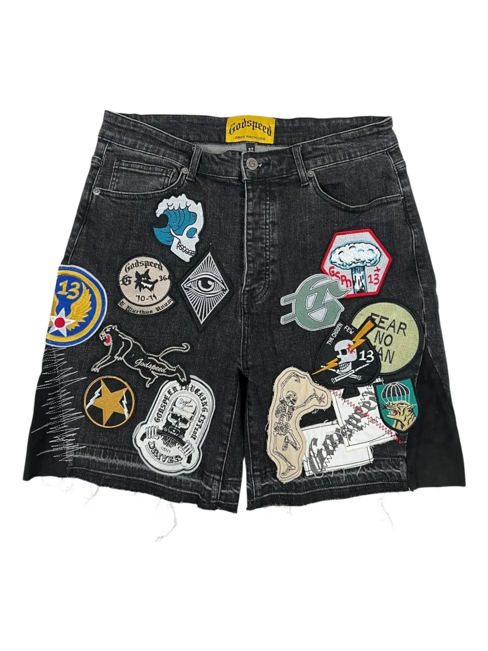 GODSPEED patchwork denim shorts front view